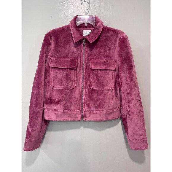 Nine West Womens Bomber Velvet Jacket Size M Pink Zip-Up Double Pockets Long Sle - Picture 1 of 9